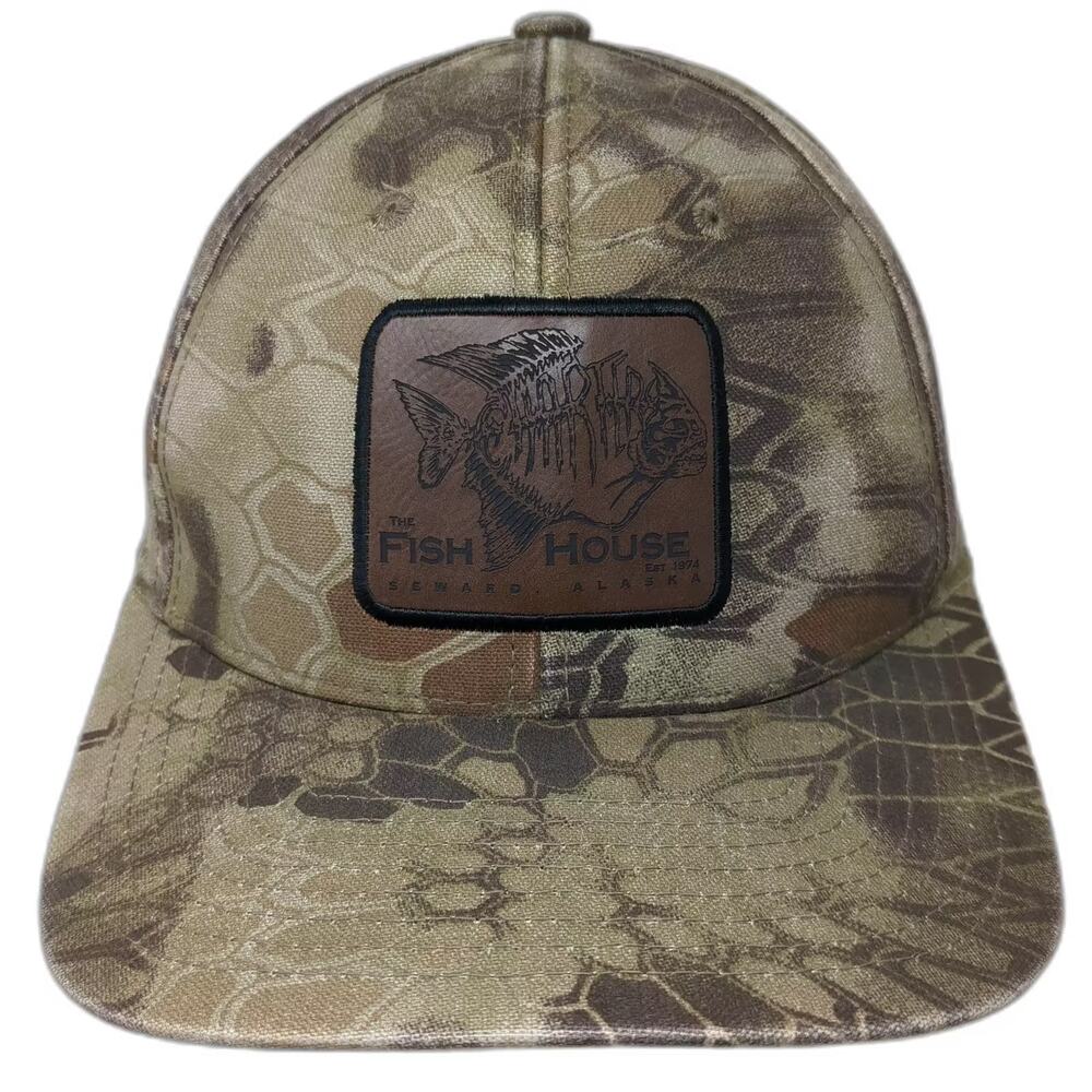 Kryptek Snapback Brown OS Fish House Seward Alaska Camo Hat Patch Logo